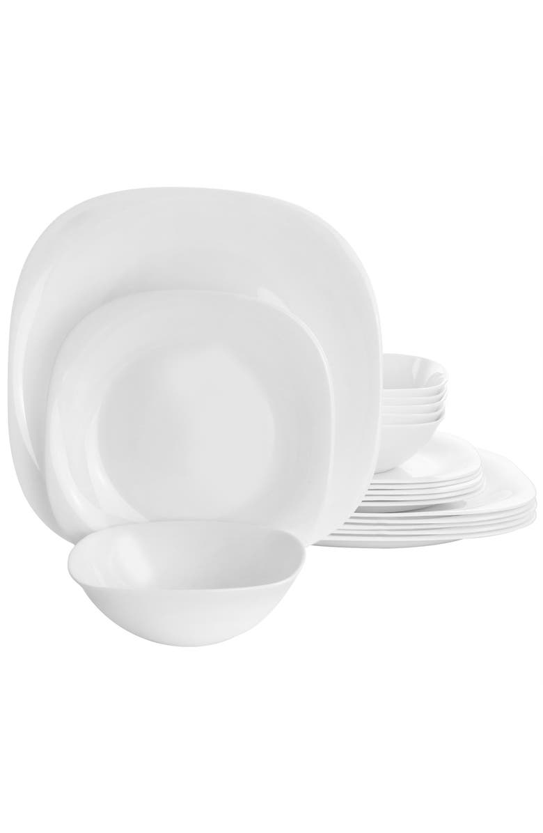 Gibson Ultra Ultra Piazza 18 Piece Soft Square Tempe Opal Glass Dinnerware Set, Main, color, White