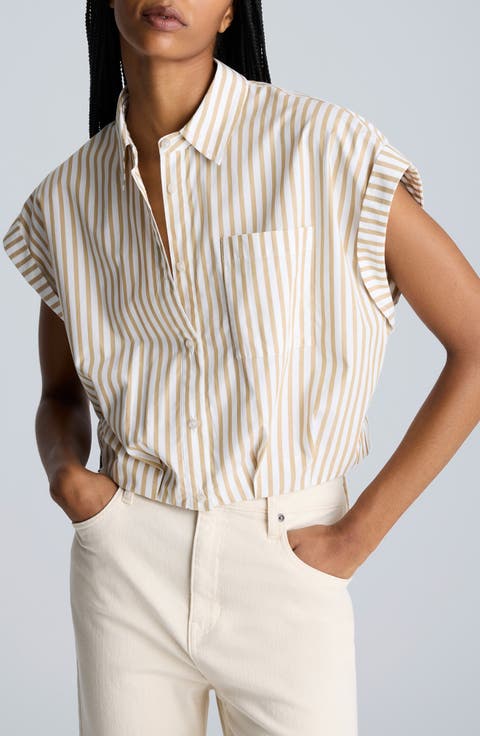 Oversize Stripe Cap Sleeve Cotton Button-Down Shirt