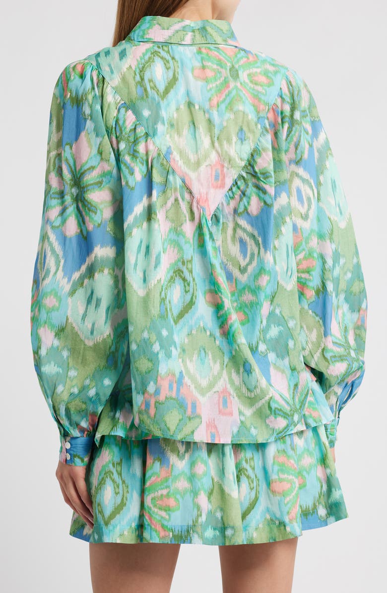 LOVE THE LABEL Sebali Floral Ikat Print Button-Up Shirt, Alternate, color, Symphonic Ikat Bermuda