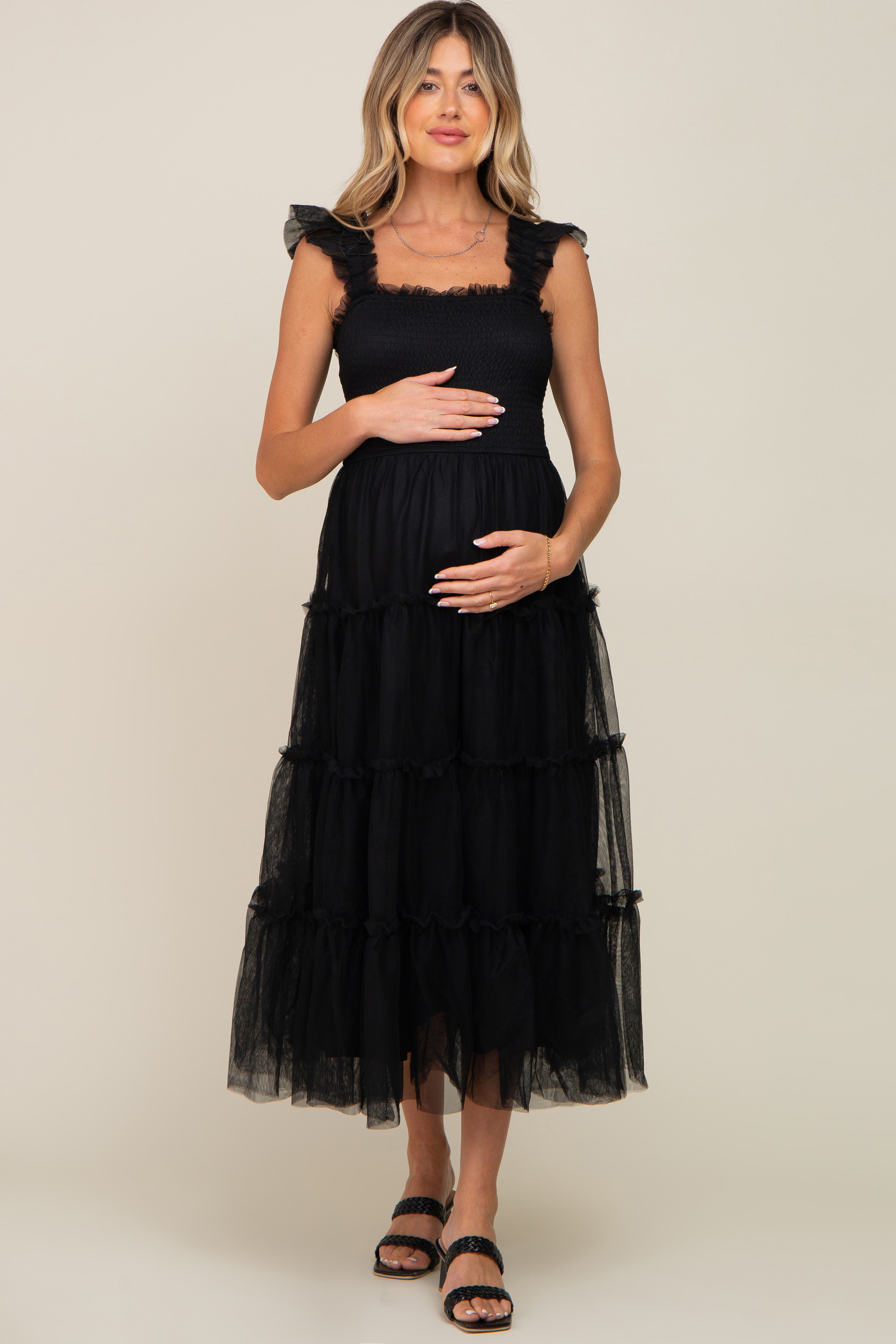 Smocked Mesh Ruffle Accent Midi Dress