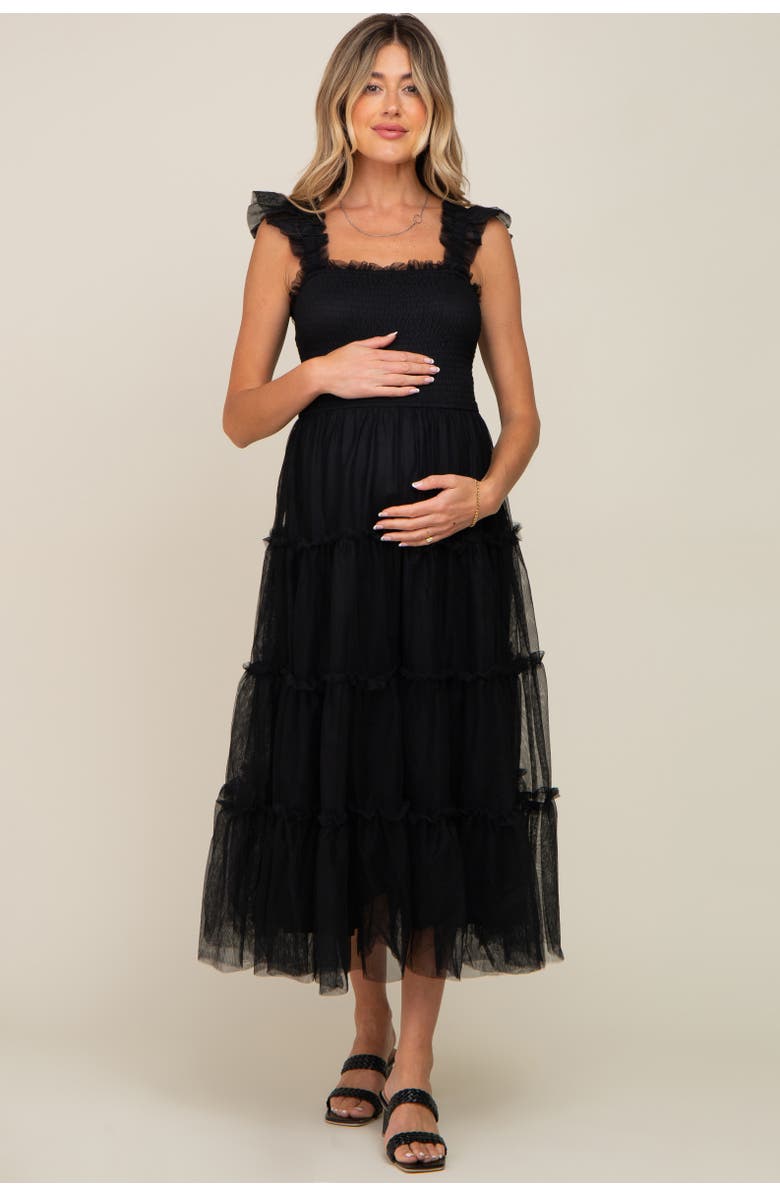 PinkBlush Smocked Mesh Ruffle Accent Midi Dress, Main, color, Black