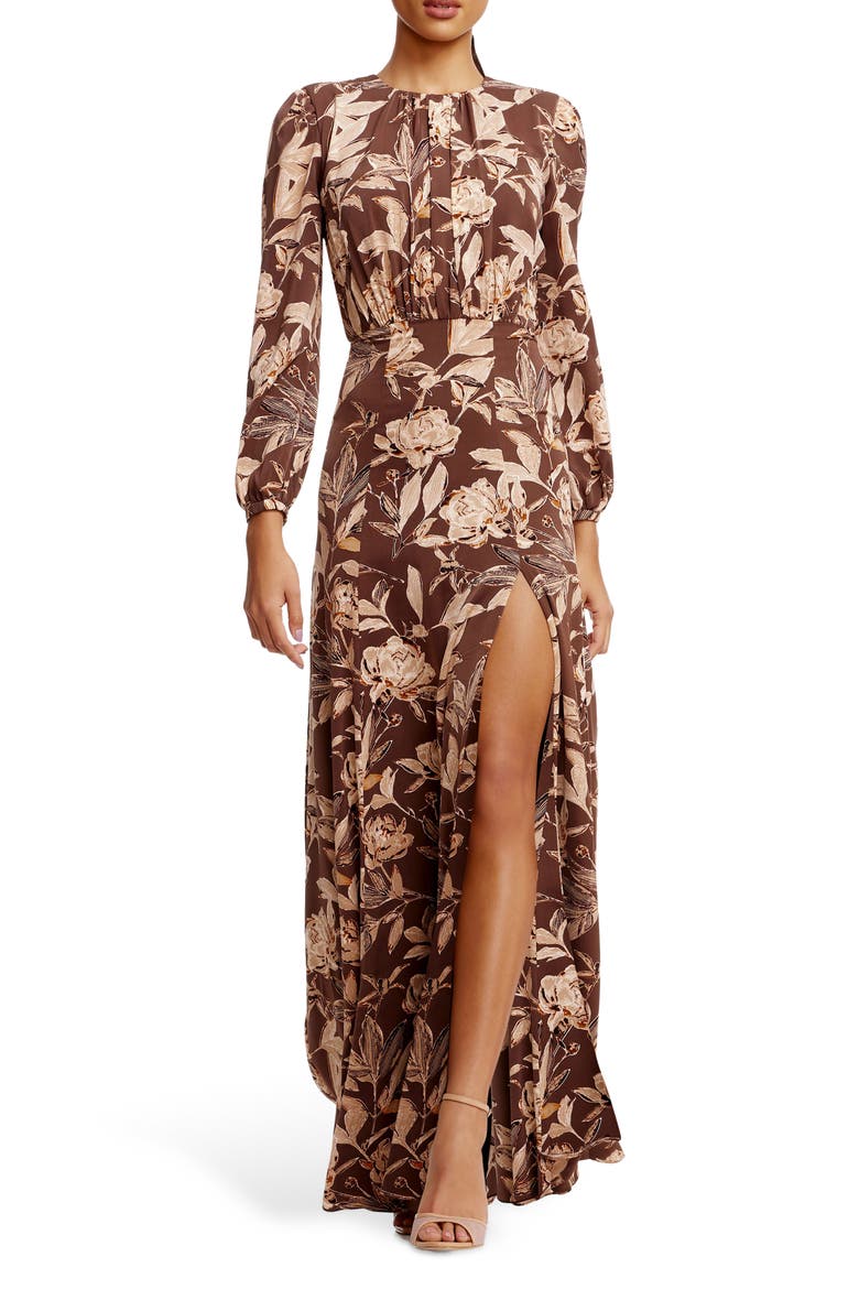 Joni Floral Long Sleeve Satin Gown, Main, color, MOCHA MULTI