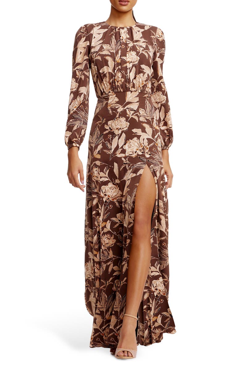 Dress the Population Joni Floral Long Sleeve Satin Gown, Main, color, Mocha Multi
