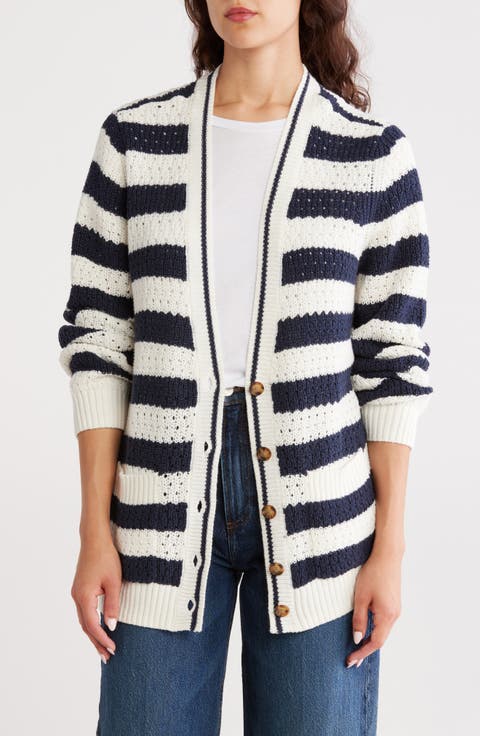 Stripe Open Stitch Cotton Blend Cardigan