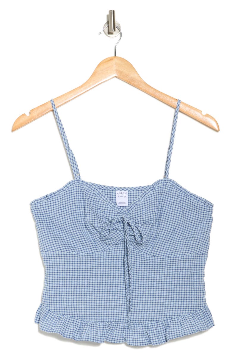 Melrose and Market Cinch Tie Front Ruffle Hem Top, Alternate, color, Blue- Blue Indigo Mini Gingham