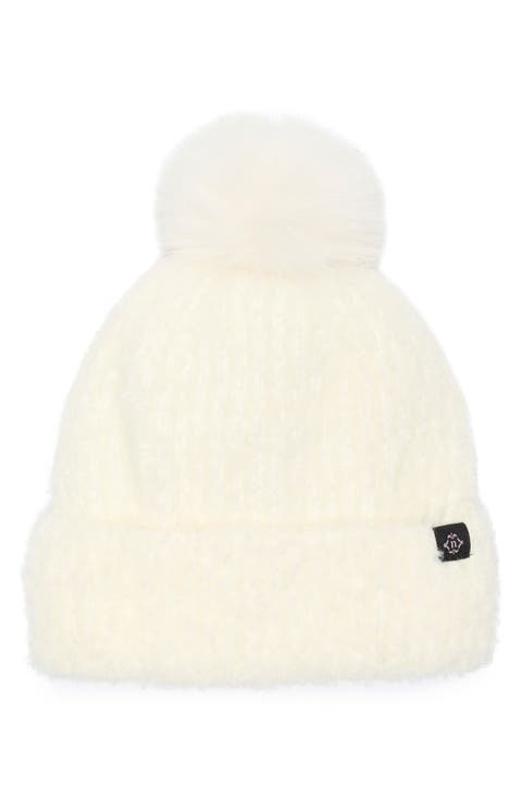 Faux Shearling Beanie with Faux Fur Pompom