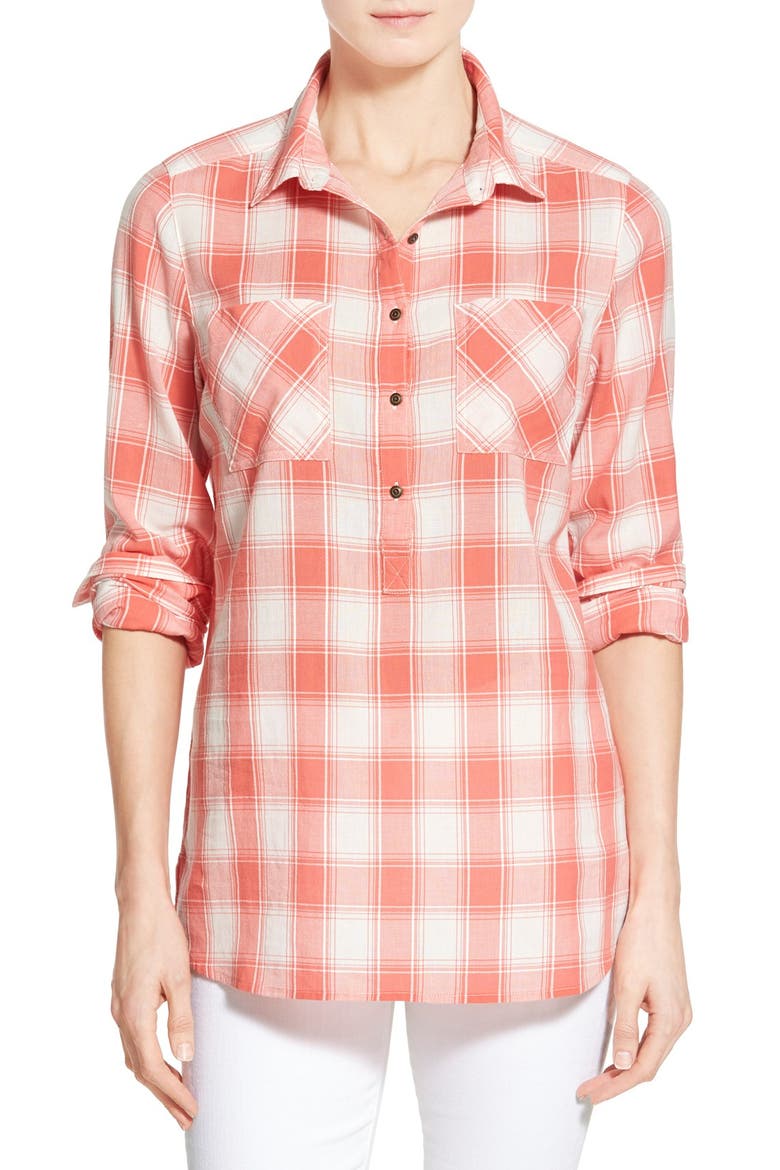 Check Print Popover Shirt, Main, color, CORAL- IVORY DOBBY PLAID