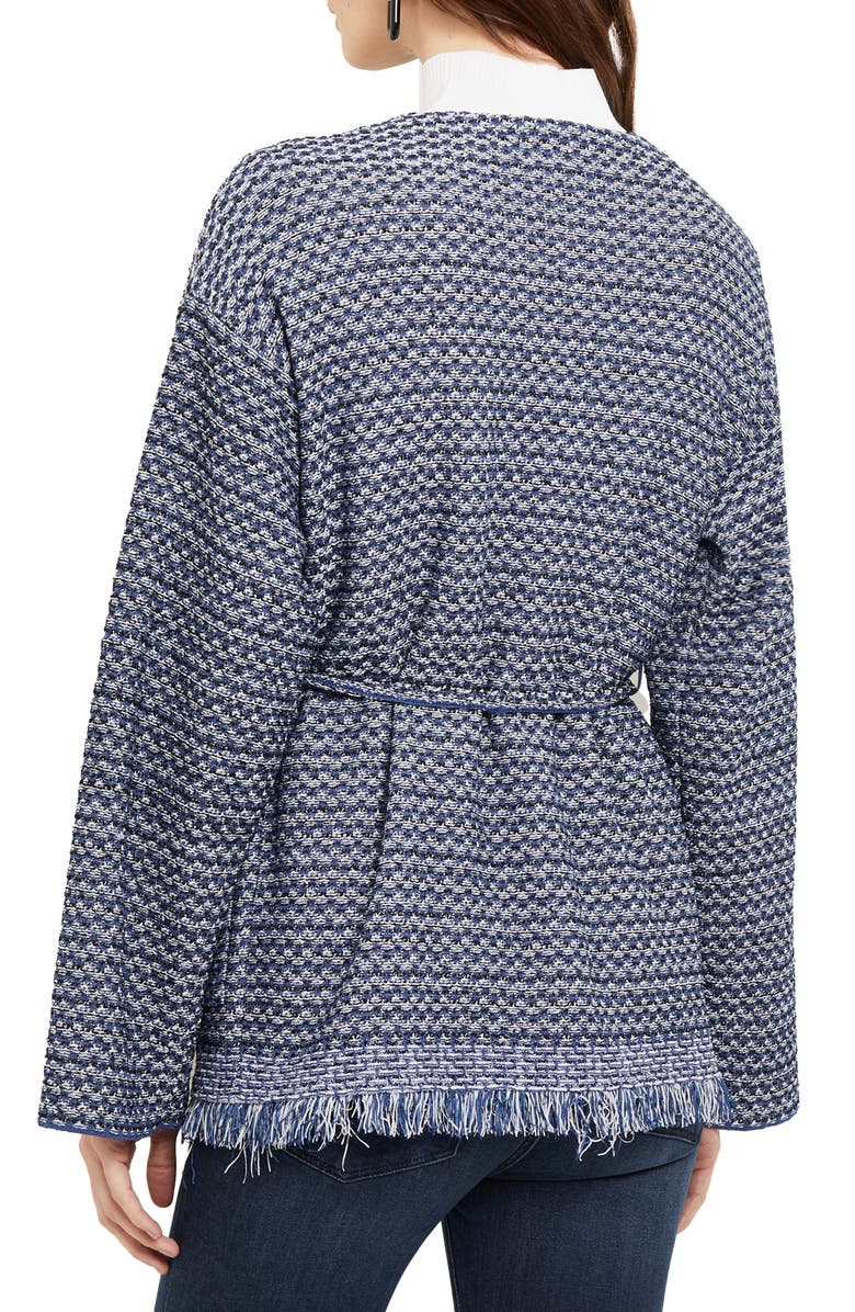 Misook Fringe Tie Waist Cardigan, Alternate, color, Oceanic/White/Black