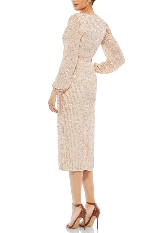 Mac Duggal Sequin Surplice Faux Wrap V Neck Blouson Sleeve Dress In Nude