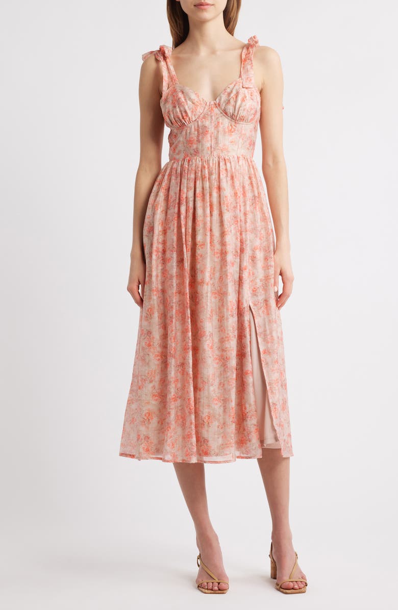 Lulus Leighton Tie Shoulder Organza Fit & Flare Dress, Main, color, Coral Multi