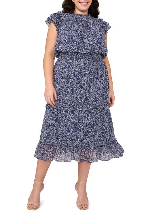CECE CECE PRINT FLUTTER SLEEVE SMOCKED MIDI DRESS
