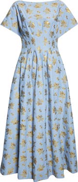 Lela Rose Metallic Floral Cotton Blend Jacquard Midi Dress