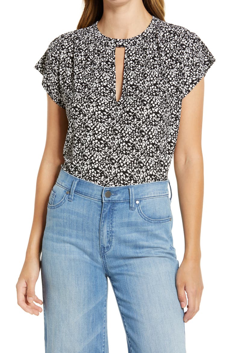 Keyhole Cap Sleeve Knit Top, Main, color, BLACK- IVORY LEO DOT