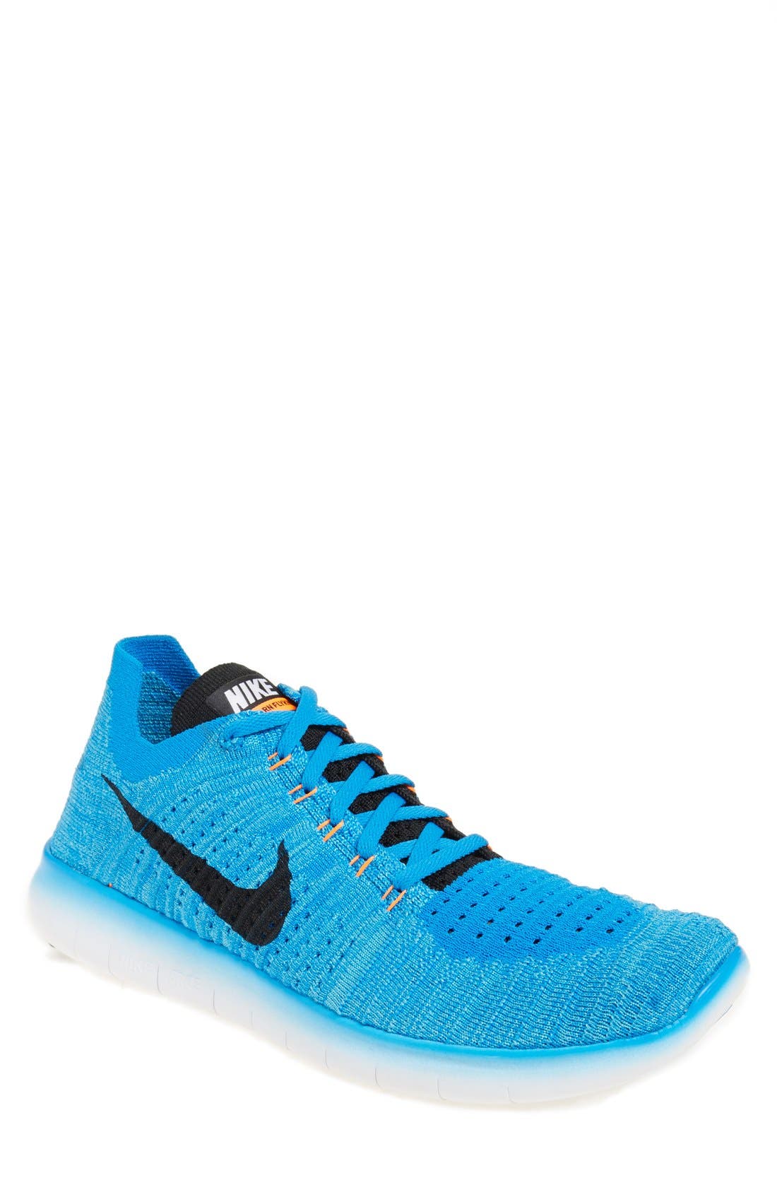 'Free Run Flyknit' Running Shoe, Main, color, PHOTO BLUE/ BLACK/ ORANGE