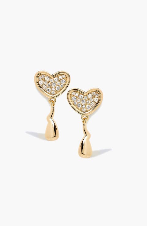 Heart Midi Crystal Face On Stud Earrings In Gold