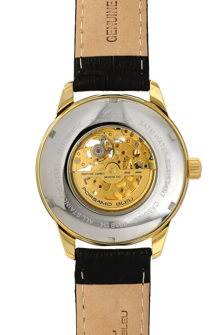 Cassius Leather Strap Watch, 45mm, Alternate, color, GOLD