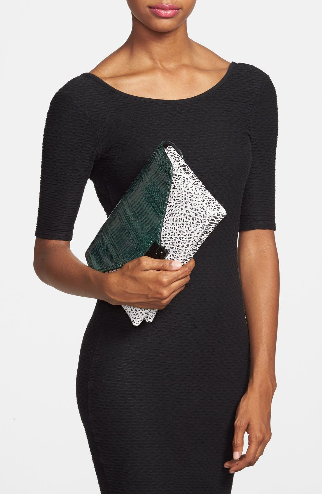 Snakeskin Envelope Flap Lock Clutch, Alternate, color, WHITE/ FOREST