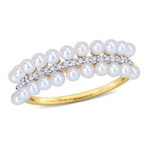 Cultured Pearl & Diamond Double-Row Ring 14k