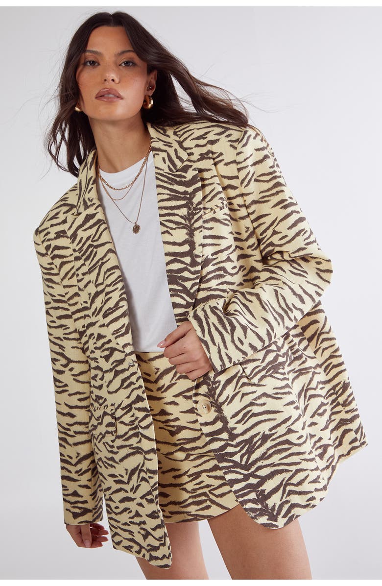 NASTY GAL Zebra Print Oversized Tailored Blazer, Main, color, Butter