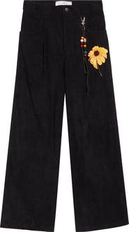 SONG FOR THE MUTE Pleated Embellished Flower Patch Corduroy Pants