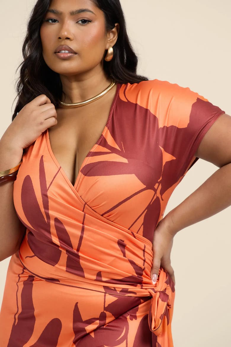 Plus Size Floral Wrap Jersey Midi Dress, Alternate, color, Orange