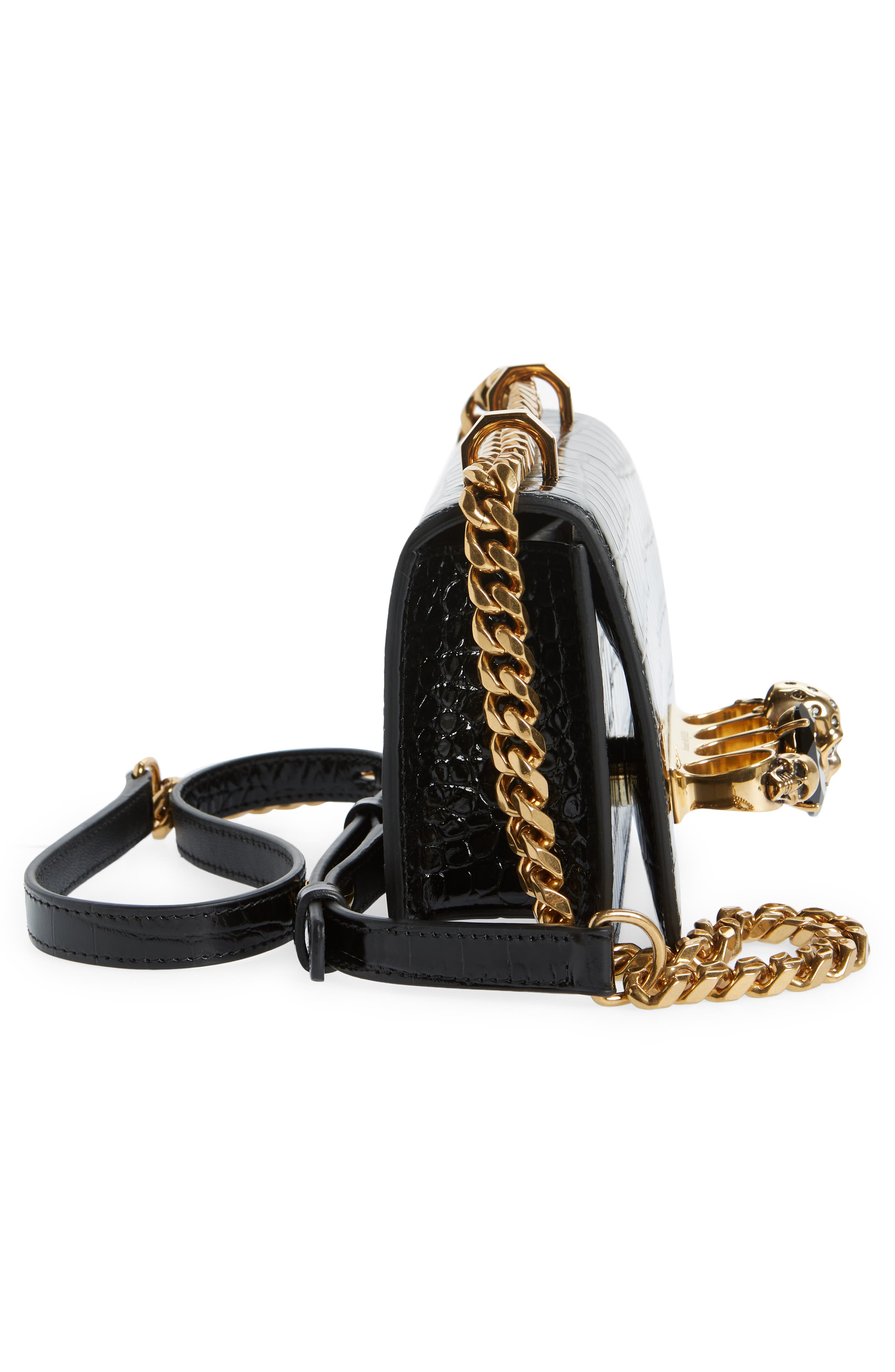 McQueen Alexander McQueen Mini Jeweled Croc Embossed Leather Satchel, Alternate, color, Black
