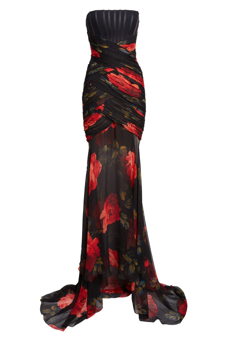 Rose Print Silk Chiffon Bustier Gown, Alternate, color, BLACK MULTI