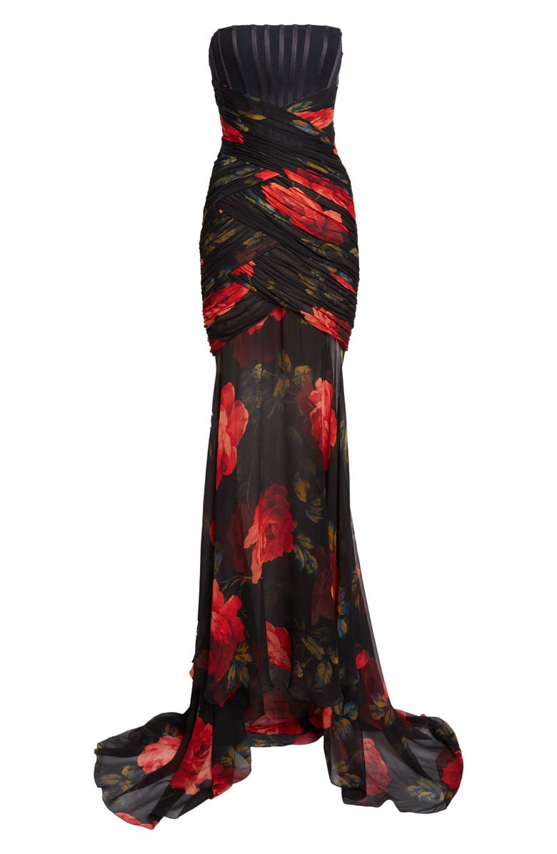 Carolina Herrera Rose Print Silk Chiffon Bustier Gown, Alternate, color, Black Multi