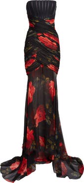 Carolina Herrera Rose Print Silk Chiffon Bustier Gown