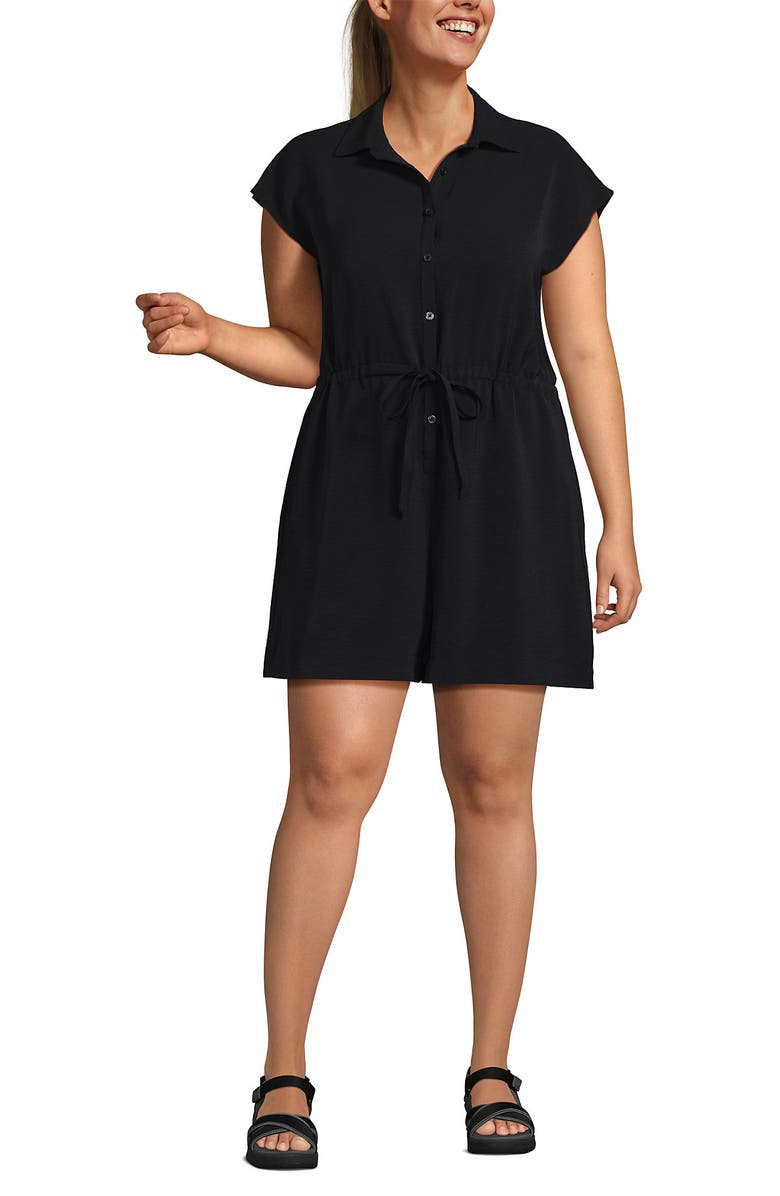 Lands' End Cap Sleeve Creaseless Button-Down Romper, Main, color, Black