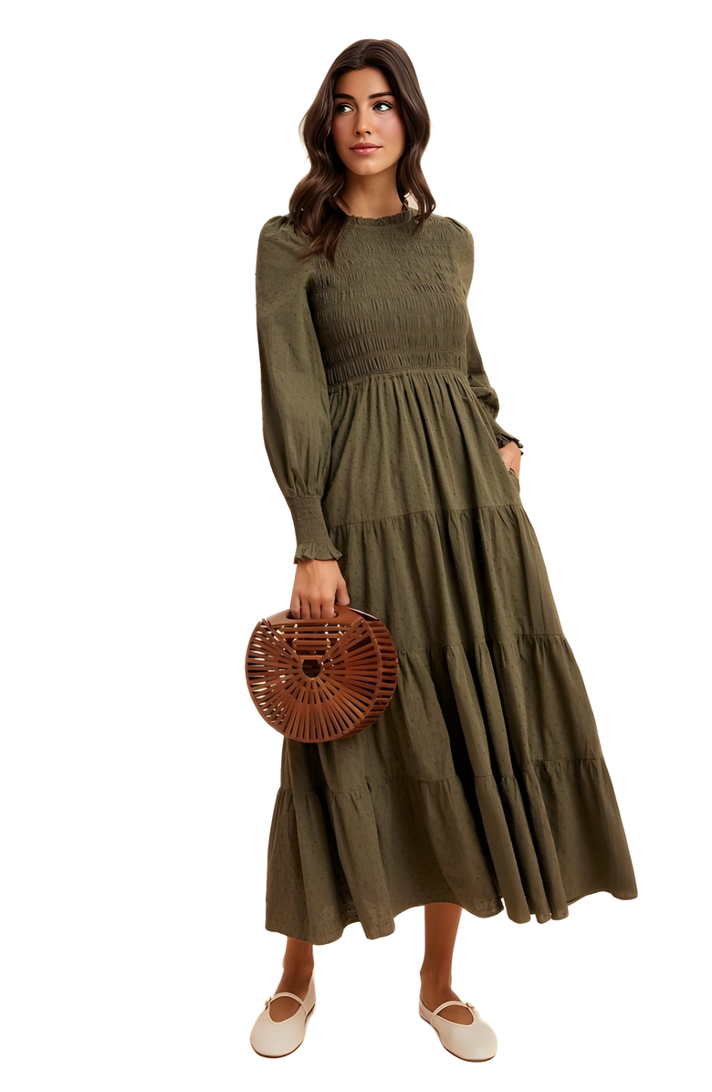 Knit and Lounge Smocked Tiered Long Sleeve Maxi Dress, Alternate, color, 