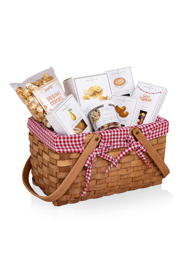 Farmhouse Basket with Gourmet Gift Pack, Main, color, Red & White Gingham