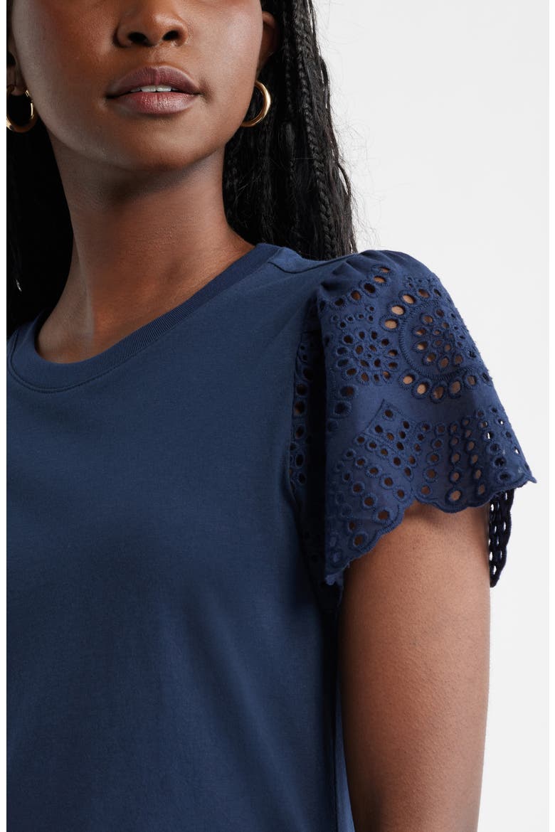 Eyelet Sleeve Mixed Media T-Shirt, Alternate, color, NAVY STILL