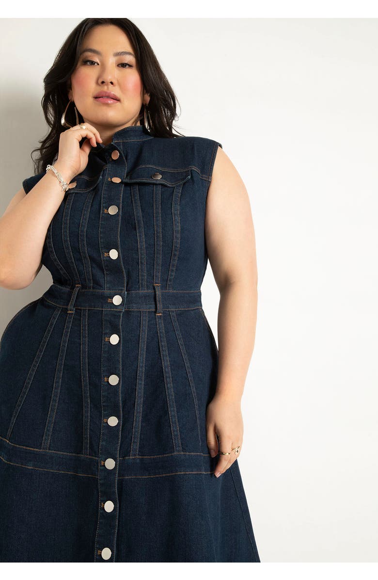 ELOQUII Fit & Flare Denim Dress, Alternate, color, Dark Wash