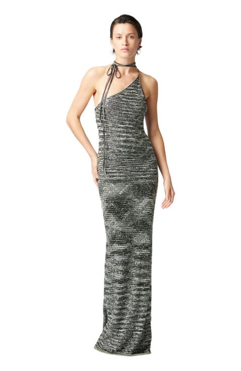 Long One-shoulder Dress In Slub Knit With Sequins