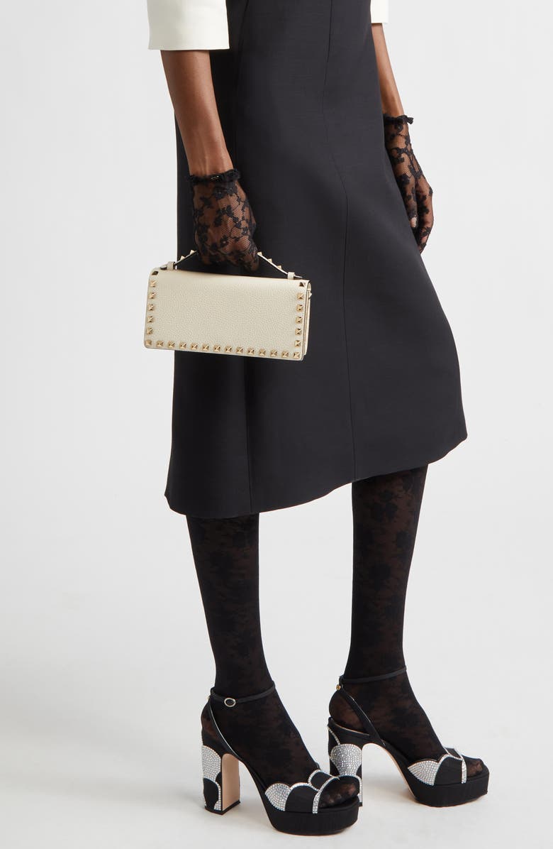 Valentino Garavani Rockstud Leather Wallet on a Chain, Alternate, color, Light Ivory