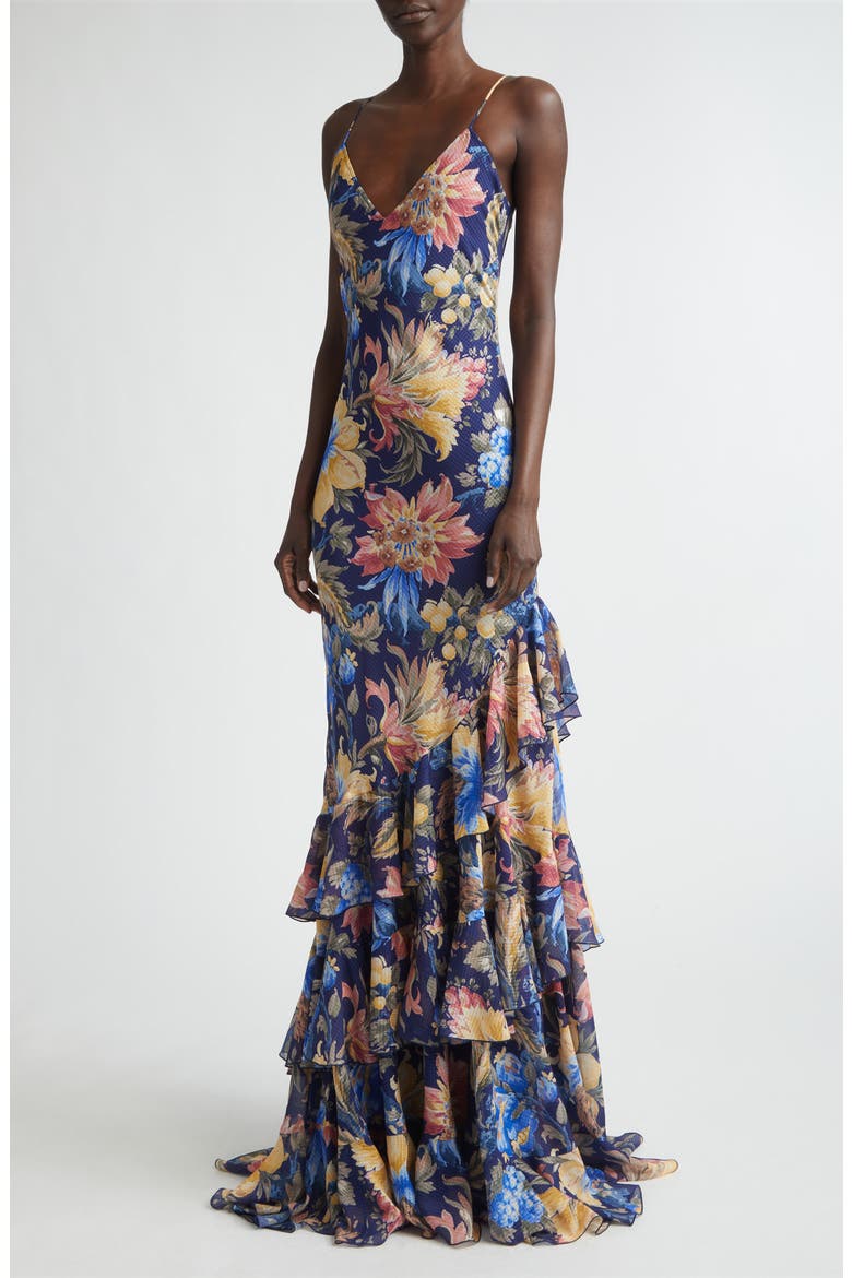 Floral Ruffle Check Jacquard Gown, Alternate, color, PRINT ON BLUE BASE