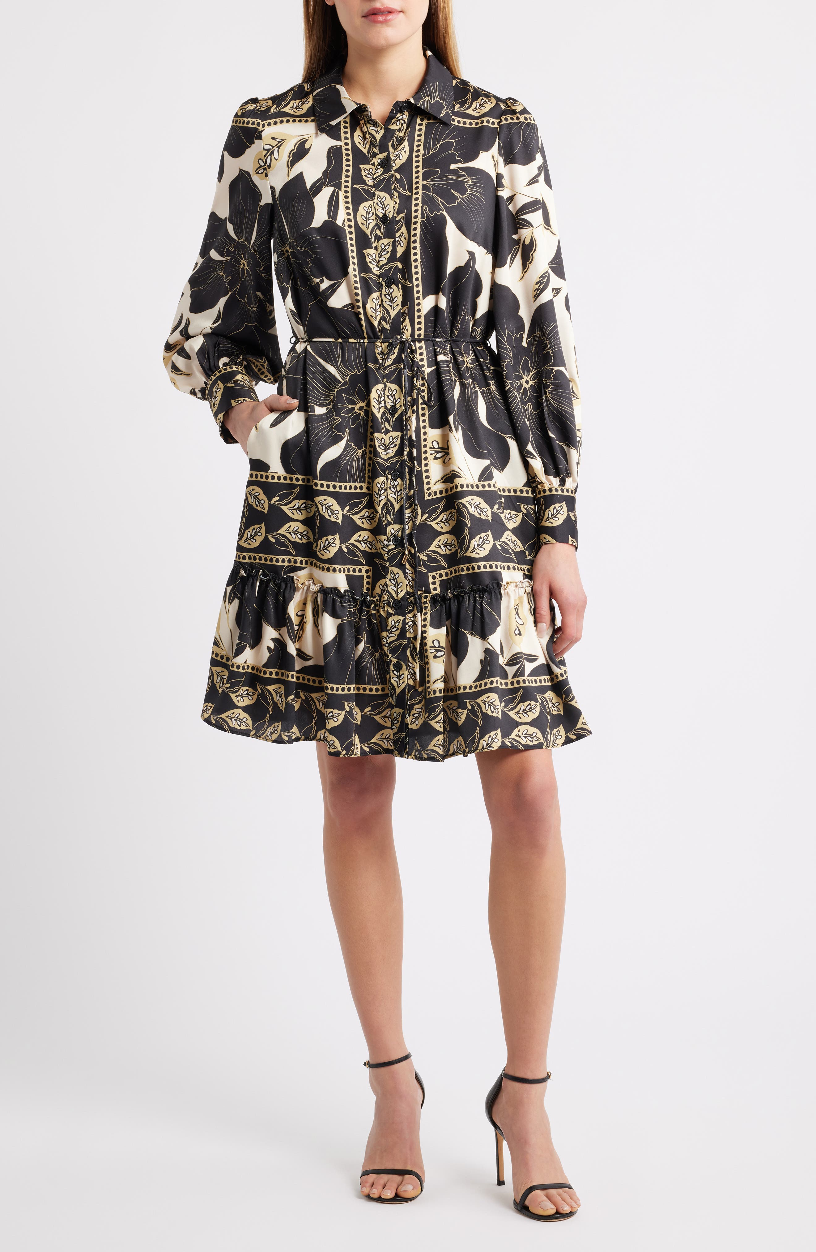 Long Sleeve Tie Belt Button-Up Shirtdress