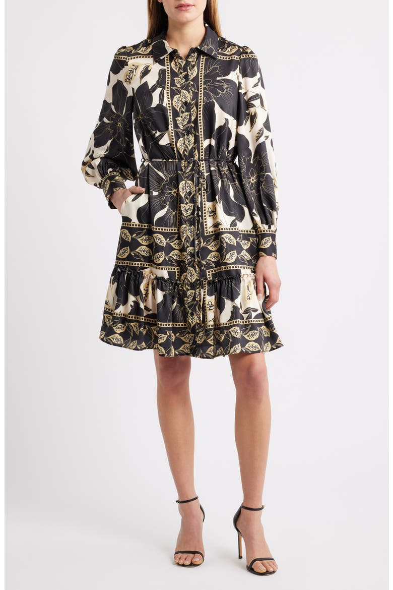 Long Sleeve Tie Belt Button-Up Shirtdress, Main, color, BLACK MULTI