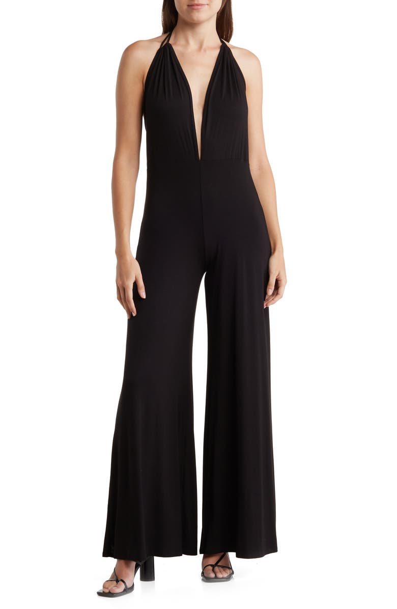 GO COUTURE Low-V Halter Jumpsuit, Main, color, Black