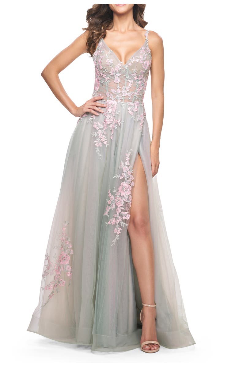 La Femme A-Line Tulle Prom Dress with Scattered Lace Applique, Alternate, color, Sage