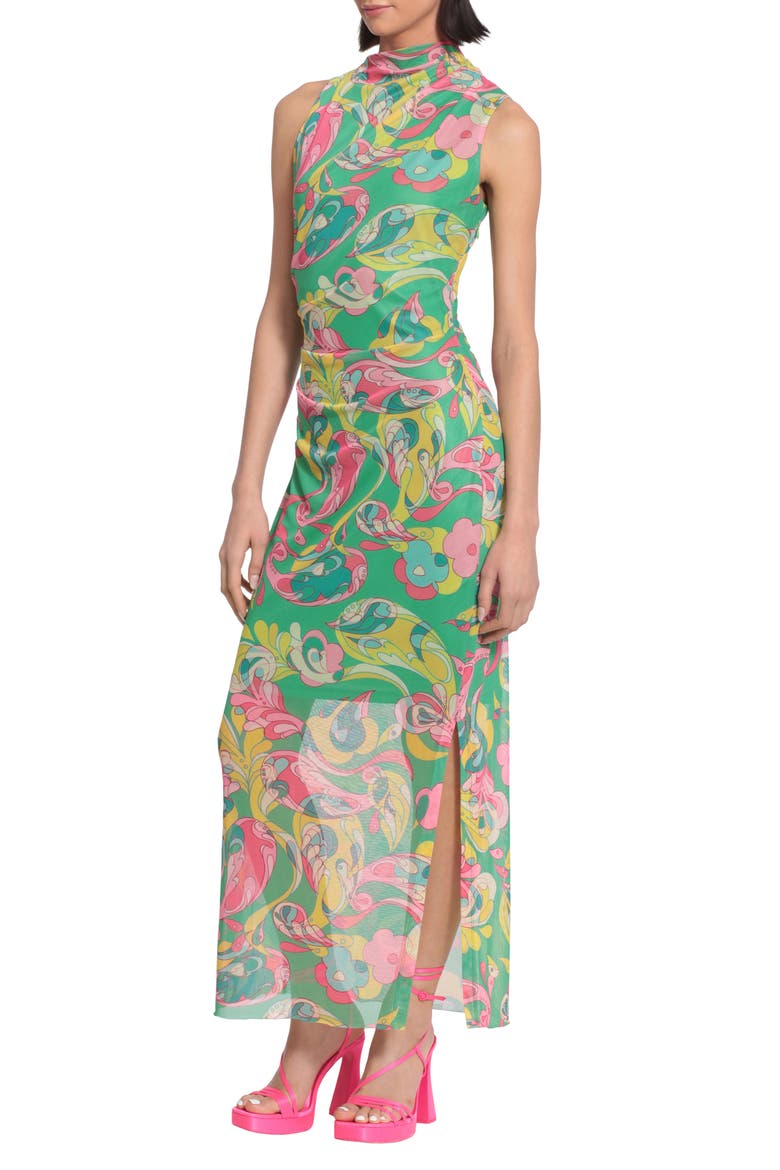 Asymmetric Ruched Semisheer Midi Dress, Alternate, color, ABSINTHE GREEN/ PINK
