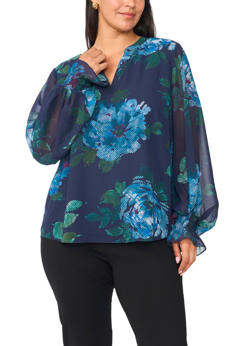 Floral Print Split Neck Top, Main, color, RICH NAVY