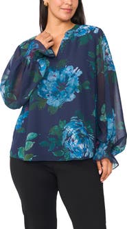 Vince Camuto Floral Print Split Neck Top