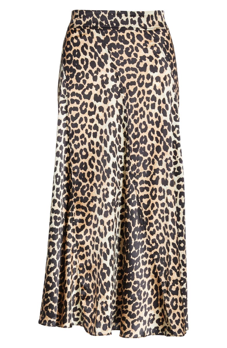 Ganni Leopard Print Stretch Silk Satin Midi Skirt, Alternate, color,