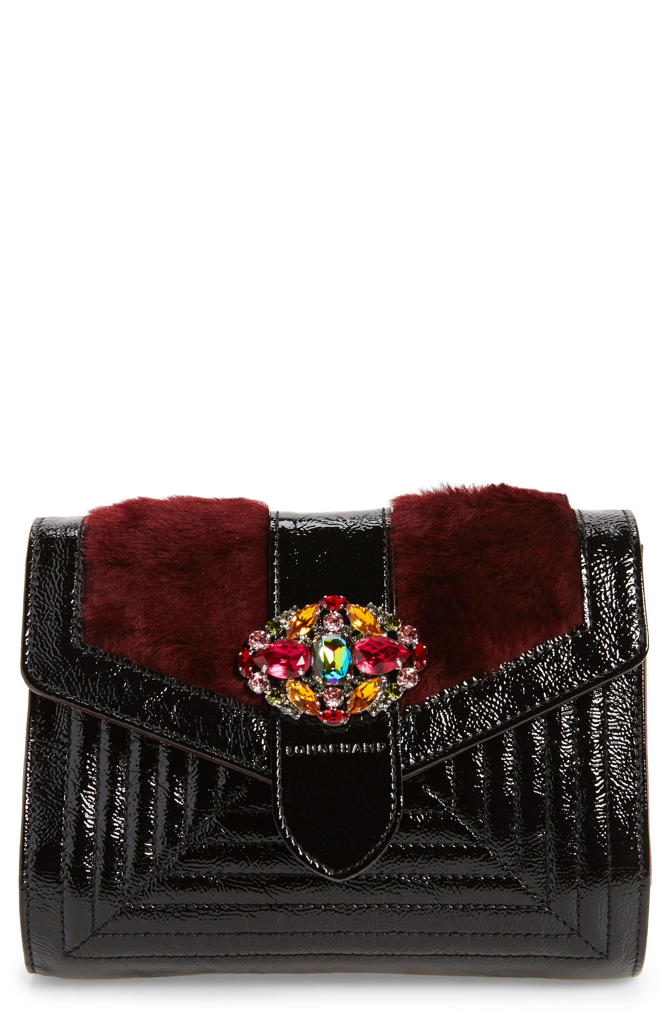 Longchamp La Baronne Genuine Shearling Trim Leather Clutch