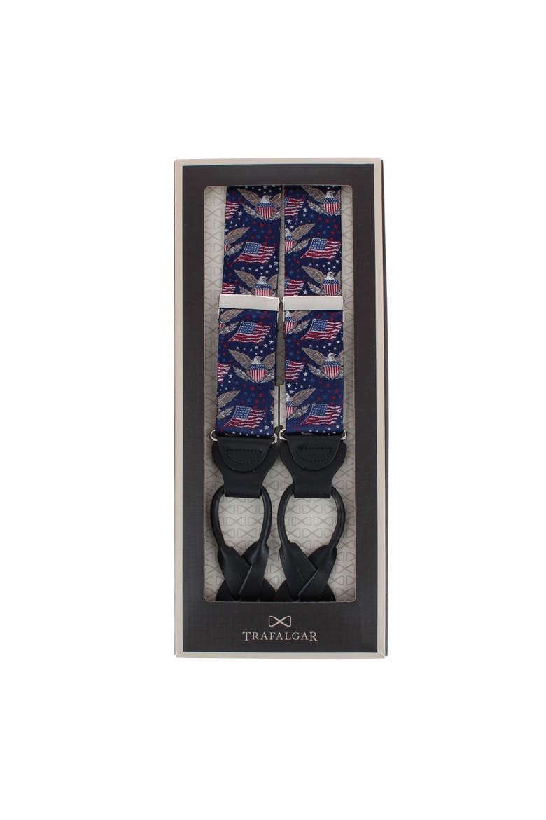 Legacy Soars Patriotic Bald Eagle Silk Novelty Button End Suspenders, Alternate, color, Navy Blue
