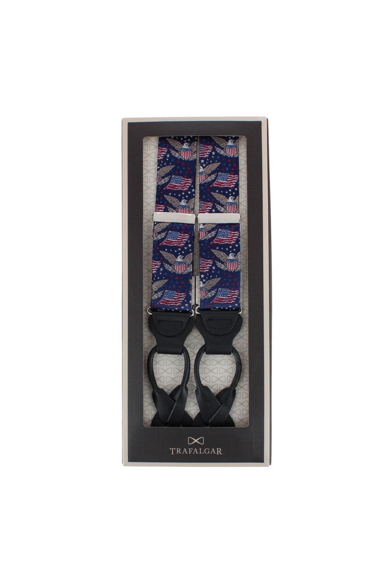 Trafalgar Legacy Soars Patriotic Bald Eagle Silk Novelty Button End Suspenders, Alternate, color, Navy Blue