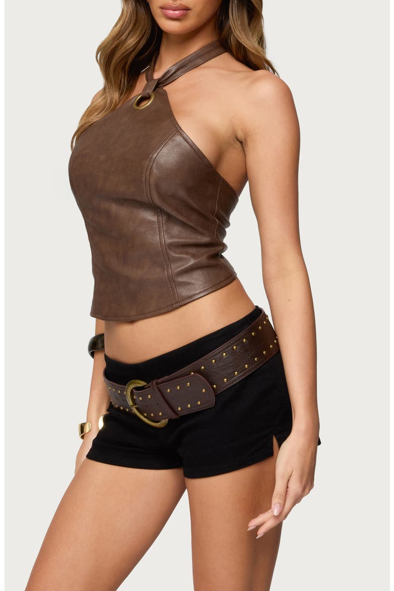 Sandria Ring Faux Leather Crop Top, Alternate, color, BROWN