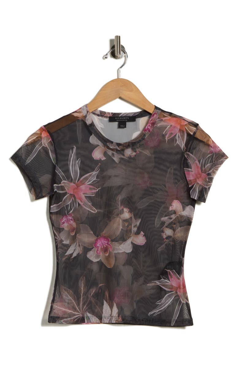 AllSaints Ellie Floral Mesh T-Shirt, Main, color, Adena Black